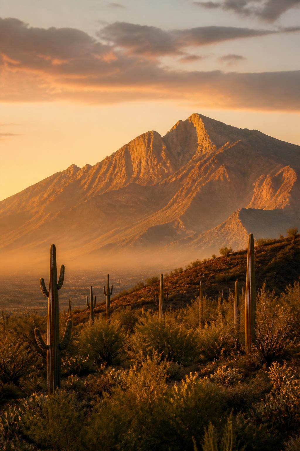Saguaro-covered Tucson mountain landscape at golden hour